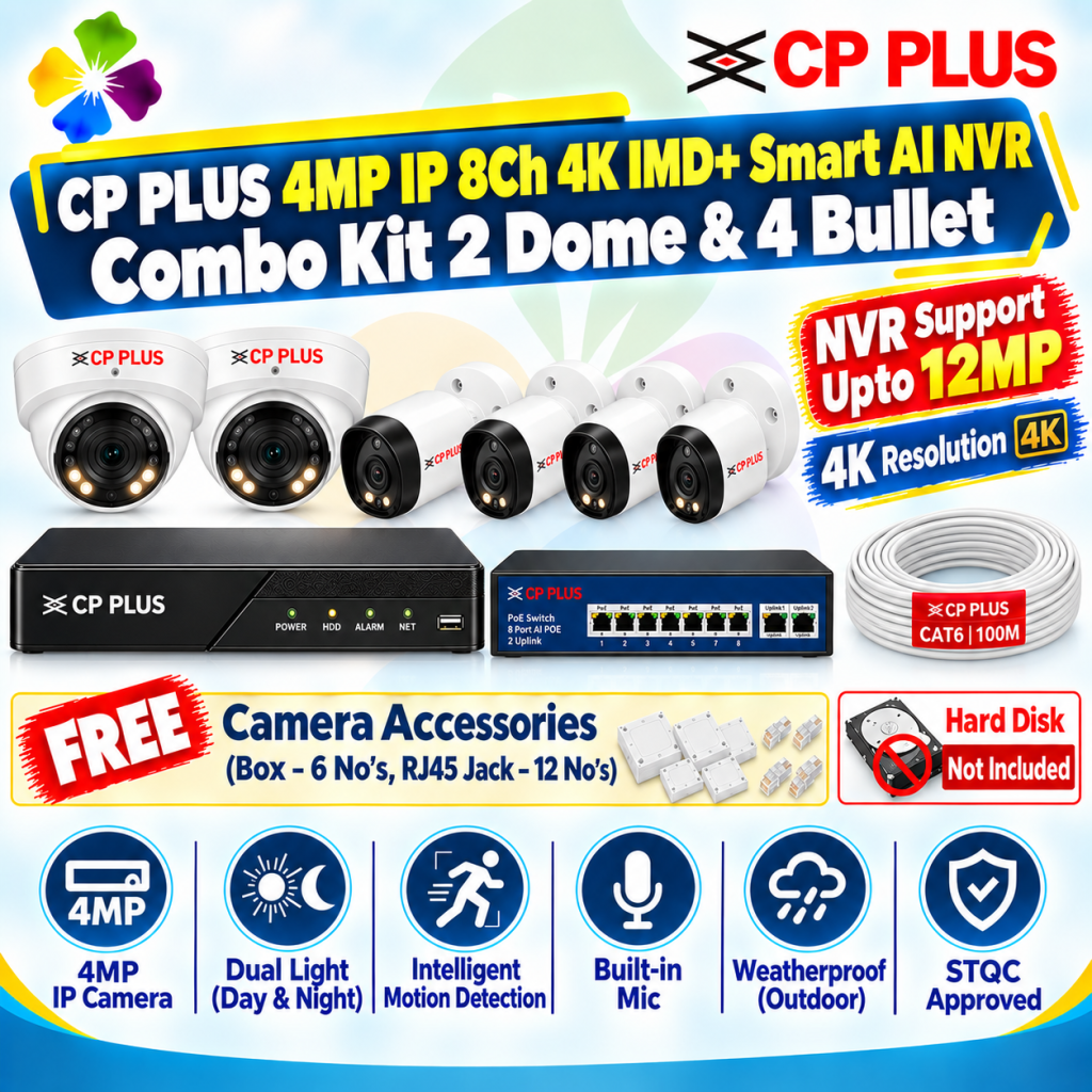 CP Plus 8Ch Smart AI NVR 4MP IP Camera Kit